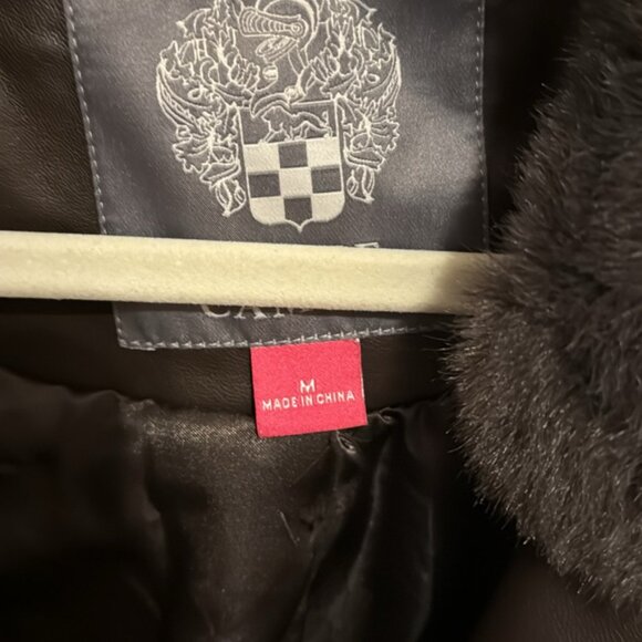 Vince Camuto Espresso Brown Leather Trench Coat Style Faux Fur Collar Size M - Picture 5 of 6